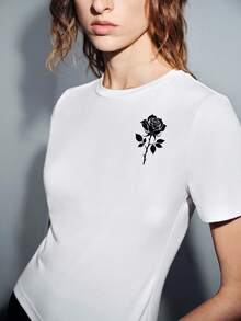 Lumivelle Women's White Floral Rose Pattern Fitted T-Shirt,Summer Chic Crew Neck Short Sleeve Contrast Embroidered Splice Casual Elegant Everyday Top - White - View 6