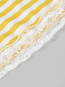 ROMWE Fairycore 女士夏季休闲通勤度假撞色条纹印花蕾丝边吊带娃娃衫 - 黃色 - 查看 3