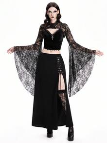 Breakform Women's Fashion Gothic Style Solid Color Lace Trim Metal Cross Decor Adjustable Strap Cropped Camisole Top - Black - View 4