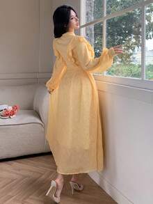 DAZY 女士优雅纯色纹理荷叶边领系带长连衣裙，春夏婚礼宾客礼服 - 黃色 - 查看 2