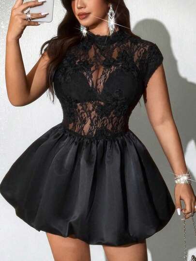 Viva Relle Vestido negro mini con cuello alto para mujer de talla grande, con bordado de encaje, bajo con bloques de color, adecuado para atuendo de aeropuerto, viaje, cumpleaños, fiesta de club, ocasión formal, invitado de boda, verano
