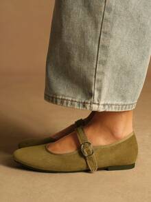 Rosivie Retro Buckle Decor Flat Shoes, Versatile & Elegant, Suitable For Spring/Summer, Grey Valentine's Day - Olive Green - View 3