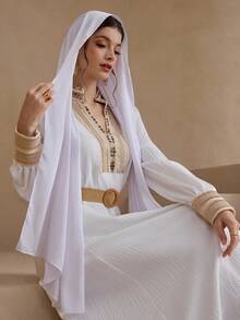 Al Najma Women's Elegant Arabic Style Patchwork Ribbon V-Neck Long Sleeve Dress - White - View 5
