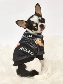 PETSIN 1 Printed Brown Bear Letter Flannel Sweatshirt, Thick And Warm For Pets In Autumn And Winter, Black