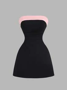 Sweetra Đầm mini nữ thời trang công sở mùa xuân/thu mới, ôm sát, gợi cảm, phối màu tương phản, chất liệu nhung, thắt nơ ở eo. - màu đen - Xem 3