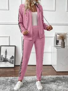EURMUSE 2pcs Women Leopard Print Zip-Up Hooded Long Sleeve Top And Pants Set - Rusty Rose - View 7