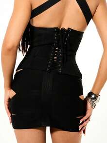 SUMWON WOMEN 罗纹镂空吊带背心，后背系带设计，适合晚宴派对场合 - 黑色 - 查看 6