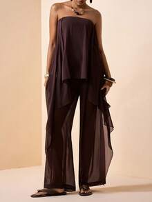 Zivah 2026 Spring/Summer New Music Festival, Easter, St. Patrick's Day, Valentine's Day, Date, Western, Nomadic, Birthday Party, Graduation, College, Student, Daily Wear, Basic Versatile, Casual, Vacation, Cruise Travel, Beach, Sunbathing, Viral , Streetwear, Wedding Guest Boho, Commute, Brunch, Airport, Party, Holiday Outing, Office Wear Chiffon Sleeveless Ruffle Hem Top And Pants Brown Suit - Brown - View 4