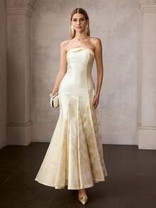 MOTF Soiréza Đầm dự tiệc không dây vai bằng vải jacquard phối nhiều mảnh dành cho nữ, mùa xuân/hè. - Màu vàng - Xem 6