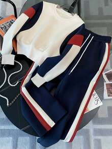 Franclia 179# Women's Color Block Round Neck Short Regular Sweatshirt Set