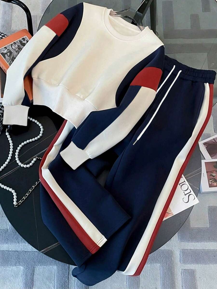 Franclia 179# Women's Color Block Round Neck Short Regular Sweatshirt Set