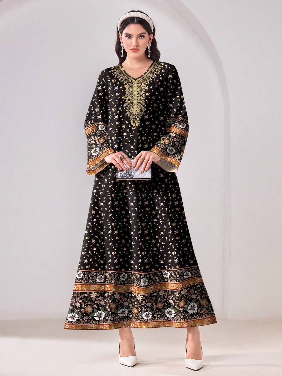 Al Najma 休闲优雅印花宽松保守阿拉伯风格连衣裙 - 彩色 - 查看 1