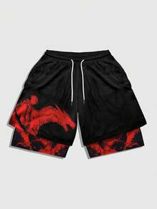 ROMWE MEN Goth Quần short nam hai lớp, in hình rồng Trung Quốc, cạp chun, có dây rút. - Nhiều màu - Xem 3