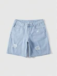 ROMWE MEN Street Life Men's Casual Distressed Pocket Denim Shorts - Blue - View 1
