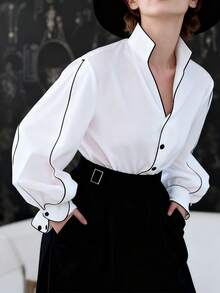 INAWLY Women's Elegant Casual Contrast Piping High Neck Lantern Sleeve Loose Blouse - White - View 5