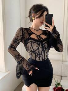 DAZY 女士优雅蕾丝系带衬衫，春夏款 - 黑色 - 查看 9