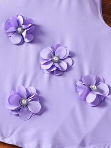 少女优雅翻领花卉装饰无袖上衣和裤子两件套 - 紫色 - 查看 3