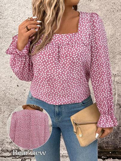 Breezaya Plus Size Women's Elegant Fashion Commuter Versatile Long Sleeve Square Collar Blouse Top, Spring/Summer