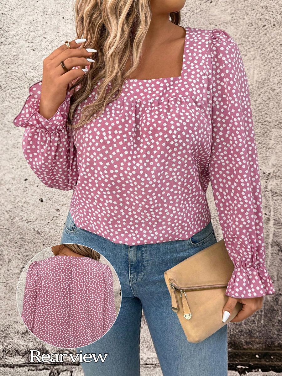 Breezaya Plus Size Women's Elegant Fashion Commuter Versatile Long Sleeve Square Collar Blouse Top, Spring/Summer - Pink - View 1