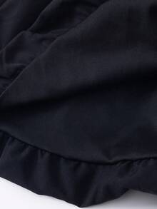 少女撞色蝴蝶结装饰露肩喇叭袖时尚连衣裙 - 黑色 - 查看 7
