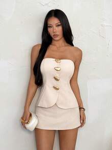 SHEIN PETITE 女士优雅办公/通勤简约纯色金属扣装饰修身吊带背心和半身裙两件套，夏季 - 杏色 - 查看 1