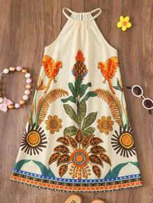 少女休闲热带印花露背连衣裙 - 杏色 - 查看 5