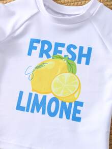 SHEIN 2pcs Baby Boy Summer Casual Vacation Fruit Pattern Long Sleeve Swimsuit & Blue Striped Swim Trunks, Suitable For Beach, Pool, Spa - Multicolor - View 6