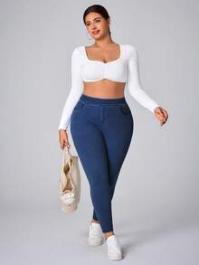 Flexra Plus Size Women's Bowknot Elastic Fitted Pants - Dark Wash - View 7