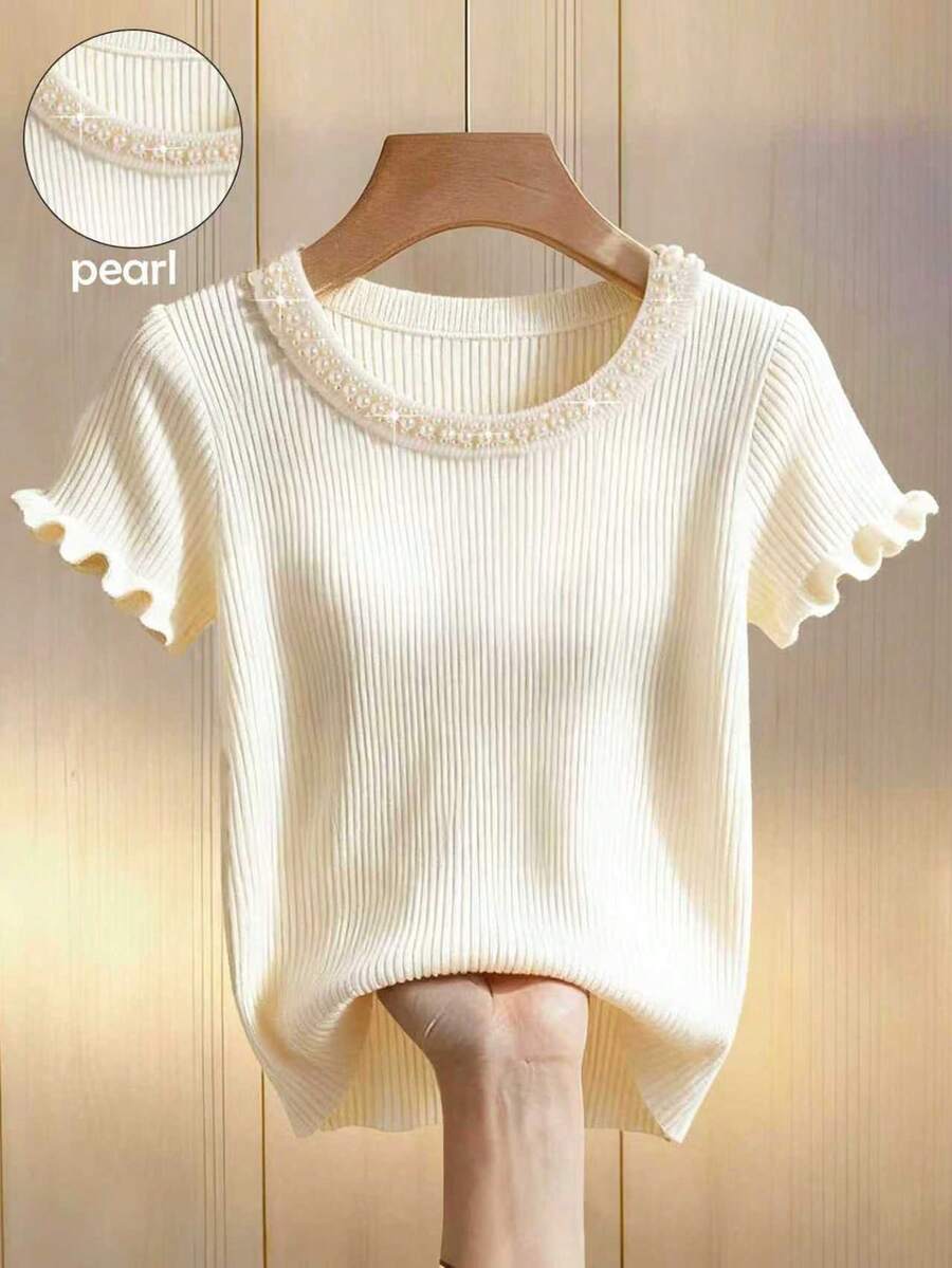 Franclia Pulover tricotat pentru femei, de primăvară/vară, casual, lejer, elegant, pentru naveta, cu perle, guler rotund, moale, minimalist, discret, dulce, fermecător și modern, rafinat, de înaltă calitate, francez, dulce, coreean, delicat, pentru naveta - Caisă - Vizualizare 1