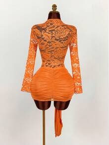 Amplova Women's Lace Mini Bodycon Dress,Long Sleeve Sheer Drawstring Hem Ruched Boho Dress For Party Events,Burnt Orange,Autumn,Techno,Club Night,Rave - Orange - View 2