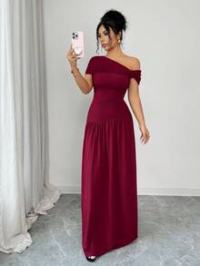 Rafferiza 不对称领口褶皱长款连衣裙 - 酒紅色 - 查看 6