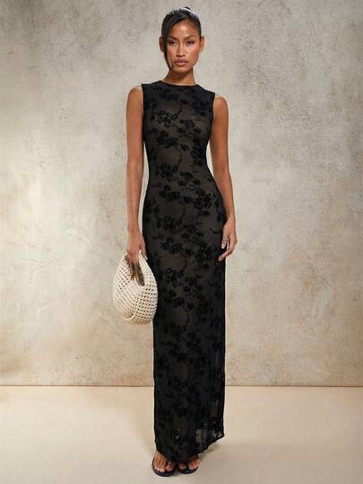 COSMINA Women's Black Flocked Lace Sleeveless Slim Fit Dress, Casual Elegant Resort Party Evening Lace Gown