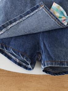 SHEIN Playful Pals Bộ 2 món cho bé gái mùa xuân hè, kiểu dáng thường ngày, áo slip không tay trơn và quần short jean trang trí nơ. - Nhiều màu - Xem 6