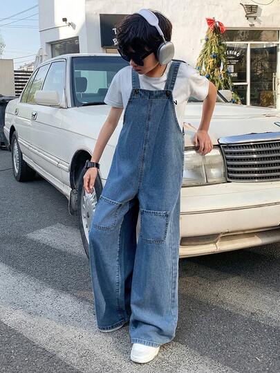 青少年男孩时尚休闲复古酷炫街头宽松舒适清爽蓝色牛仔阔腿抽绳牛仔裤，适合儿童日常穿着，也适合春夏派对、节日和街头服饰。