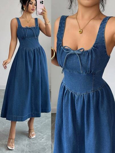 Elenzga 女士前系带褶皱方领无袖牛仔连衣裙