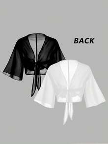 Franclia 一套女士加大码短袖V领雪纺衬衫，配蝴蝶结领带，优雅休闲开衫衬衫外套组合 - 黑與白 - 查看 2