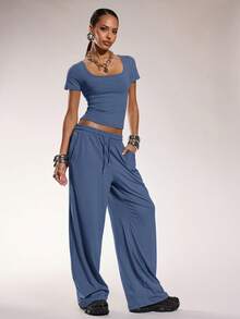 Normani 2pcs/Set Summer Casual Solid Color Short Sleeve T-Shirt And Pants - Blue - View 6