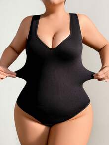 SHEIN 1件装女士加大码无缝舒适运动性感束腰连体衣 - 黑色 - 查看 7