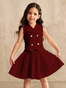 Elladie kids Young Girls Sleeveless Top & Pleated Skirt T-Shirt Set, Suitable For School, Outings And Other Occasions - Burgundy - View 5