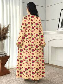 Girls Multicolor Fabric Long Sleeve V Neck Dress With Botanical Pattern - Multicolor - View 2