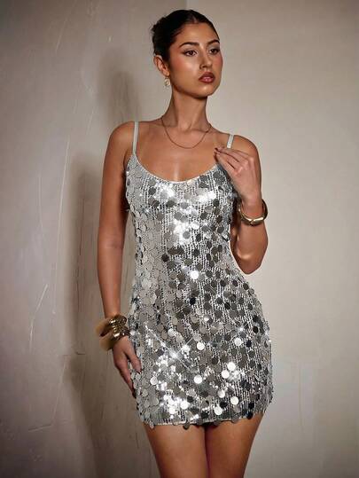 SHEIN BAE Women's Champagne Color Sequin Embellished Spaghetti Strap Mini Dress, Cocktail Party Clubwear, Suitable For Party, Formal Event, Gala, Holiday Celebration, Halloween, Christmas