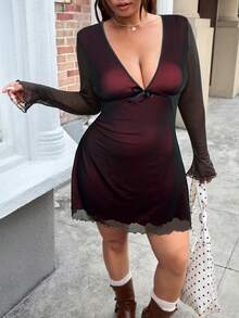 GalTyme 大码撞色滚边蝴蝶结装饰V领连衣裙 - 彩色 - 查看 7