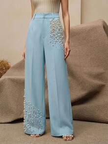 Anewsta Women's Modern Fashion Faux Pearl Embellished Suit Pants For Commuting - Baby Blue - View 6