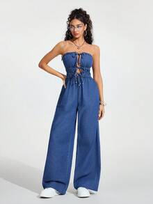 Jeanoix Bộ jumpsuit denim ống rộng gợi cảm, thắt dây phía trước, hở lưng, có bèo nhún dành cho nữ. - Màu xanh lam - Xem 3