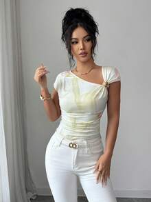 SHEIN Elenzya Áo kiểu bất đối xứng xếp ly nhuộm màu nước, thiết kế độc đáo với cúc kim loại trang trí, giúp thon gọn vòng eo, đa năng cho mùa hè, đi làm và dự tiệc. - Nhiều màu - Xem 3