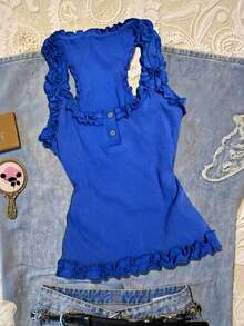 INAWLY Casual Solid Color Frill Trim Tank Top, Summer - Navy Blue - View 3