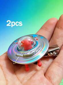 Joivida Unique 3D Alien Spaceship Hair Clips Cute UFO Hair Clips Funny Handcrafted Quirky Hair Accessories