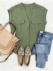 GlowEve Abito casual verde con scollo a V, tasche e design a spalle scoperte, adatto per occasioni formali, outfit da insegnante, uniformi scolastiche, stile campus, abbigliamento da lavoro, personalizzabile, adatto per San Valentino, Pasqua, Festa del Lavoro, viaggi, nuovo capo di moda essenziale per primavera/estate, design unico e versatile - Verde - Visualizzare 1