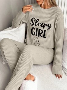 EURMUSE Sleepy Girl Ribbed Lounge Set – Moon & Cozy Vibes In Blush Pink - Beige - View 4