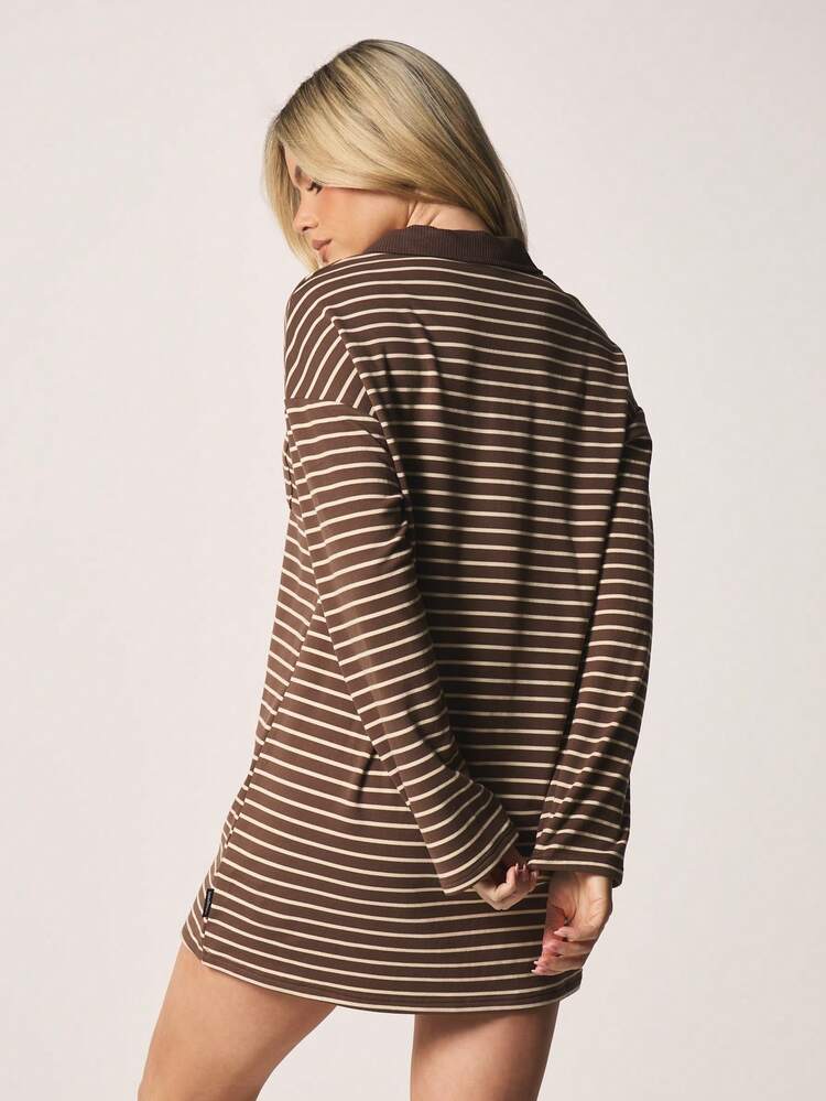 Missguided x Playboy Striped Polo Mini Dress Long Sleeve Collared Button Front Casual Fall Winter Preppy Rugby Style Short Dress